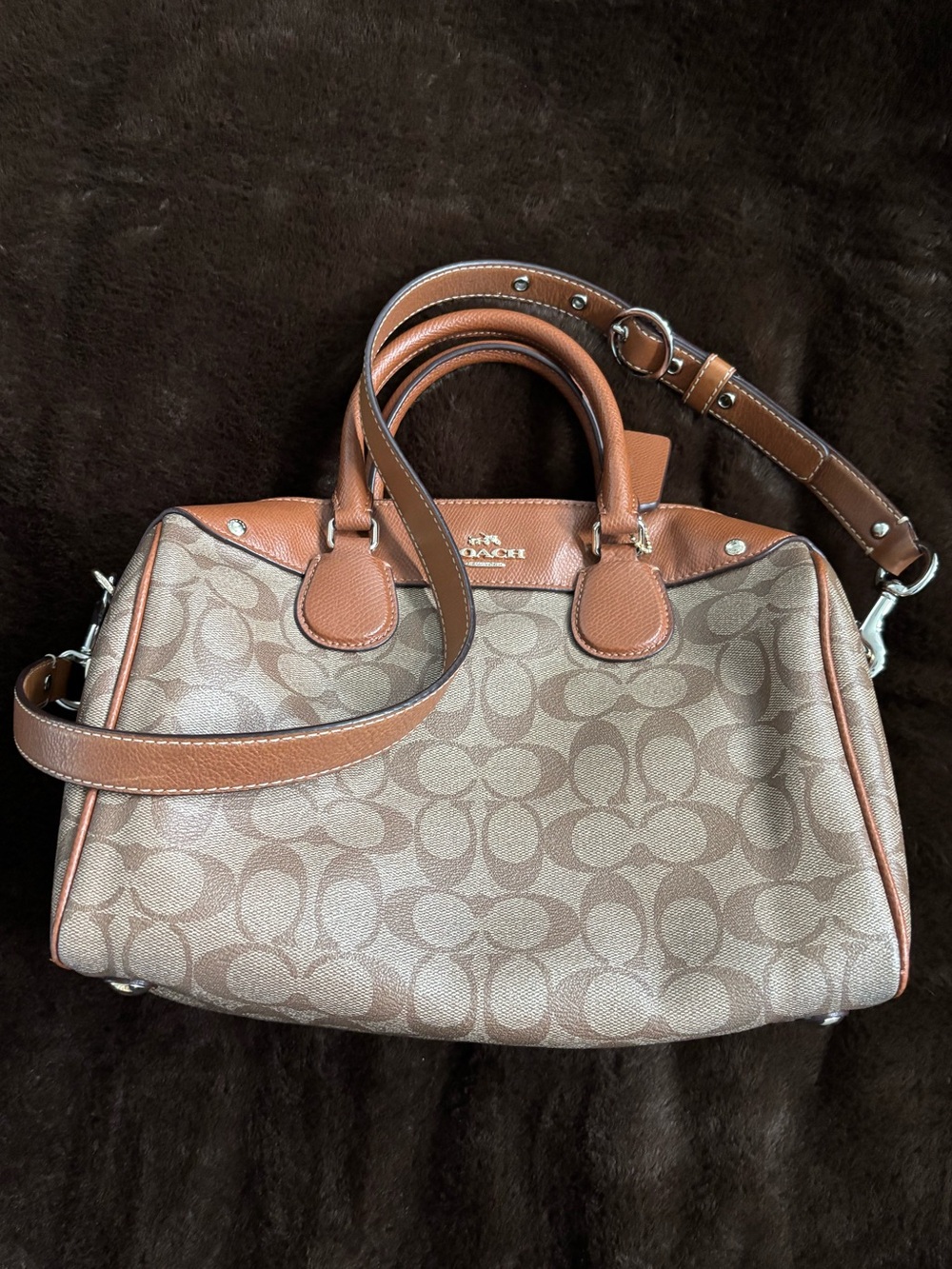 Coach Signature Satchel in Brown and Tan Leather Trim